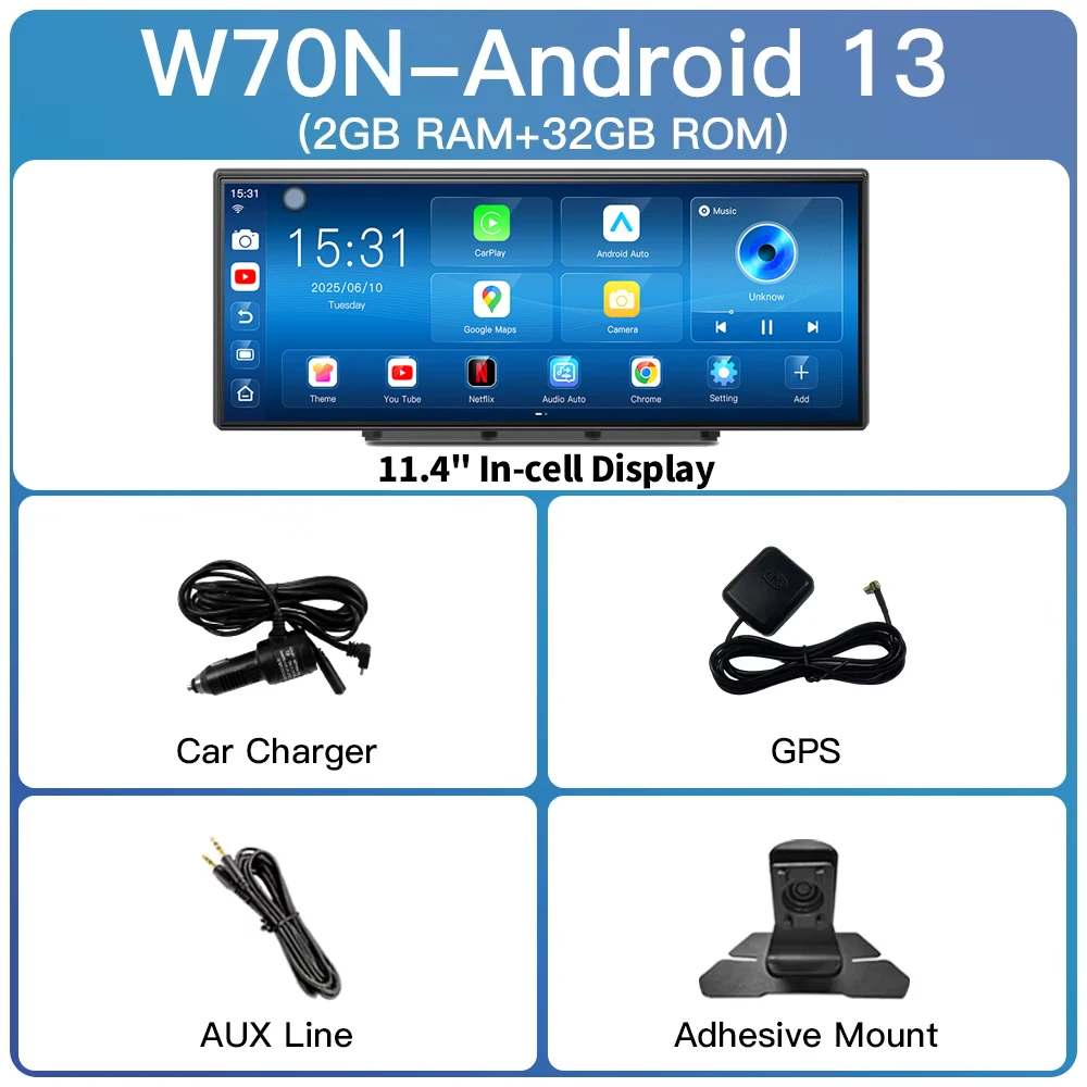 Imagebon W70 11.4" 8-core Android 14 6+128GB CarPlay & Android Auto Dashcam GPS WiFi Google Play YouTube Netflix OTA Upgrade DVR