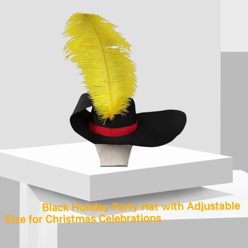 Trendy Black Holiday Party Hat for Cosplay Masquerades Christmas Celebrations Feathered Detailing for Caroler Snowman