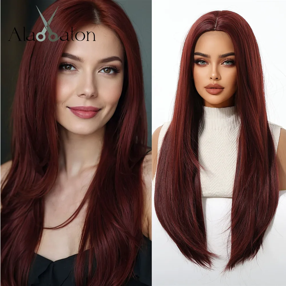 ALAN EATON Long Red Synthetic Wigs Natural Middle Part Wig for Women Auburn Straight Hair for Daily Use Heat Resistant Fiber