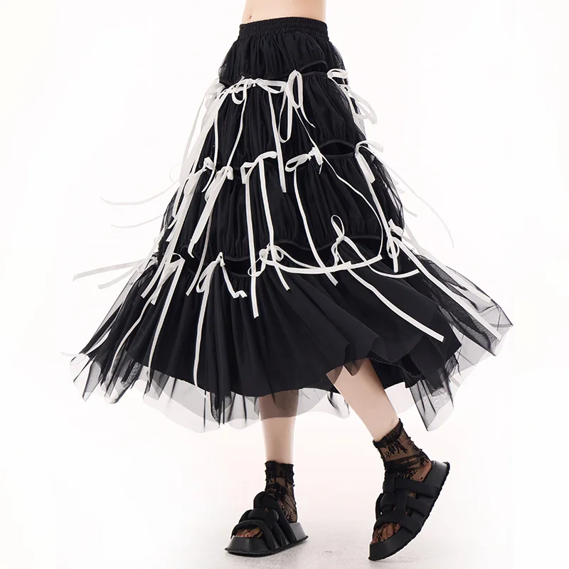 

Women Solid Ankle Lenth Puffy Skirts Lace Spliced Mesh Skirt A Line Elastic Waist Loose Fit Elegant Casual 2025 Spring Autumn
