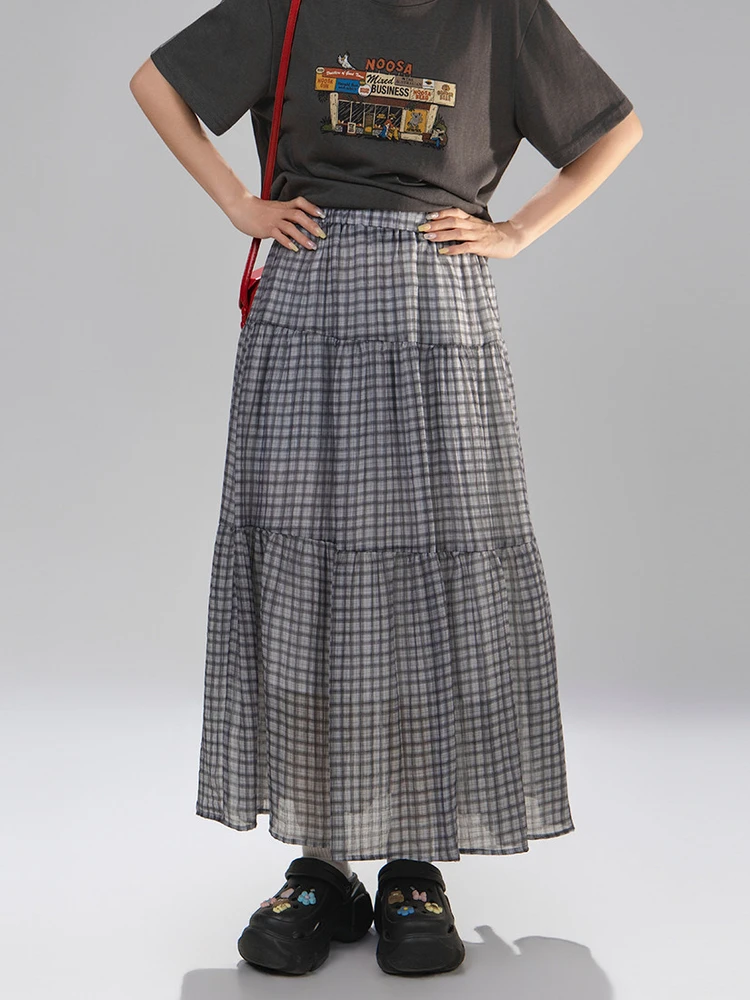 Retro High Waist A-Line  Skirt Women Summer Thin Mixed Woolen Tartan Half-length Skirts City Commute Daily Casual Date