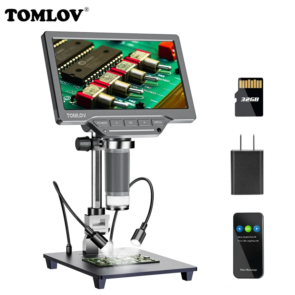 TOMLOV USB Digital Microscope 7 Inch Large Color LCD Screen Inspection DM201 SE 12MP 1-1200X Continuous Amplification Magnifier