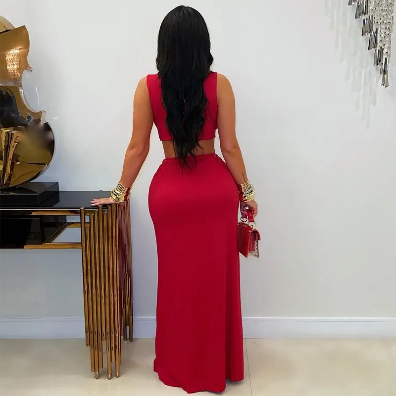 Doyerl Draw String Ruched Evening Dress Women Elegant V-neck Sleeveless Cut Out Night Club Party Prom Bodycon Long Dresses Robe