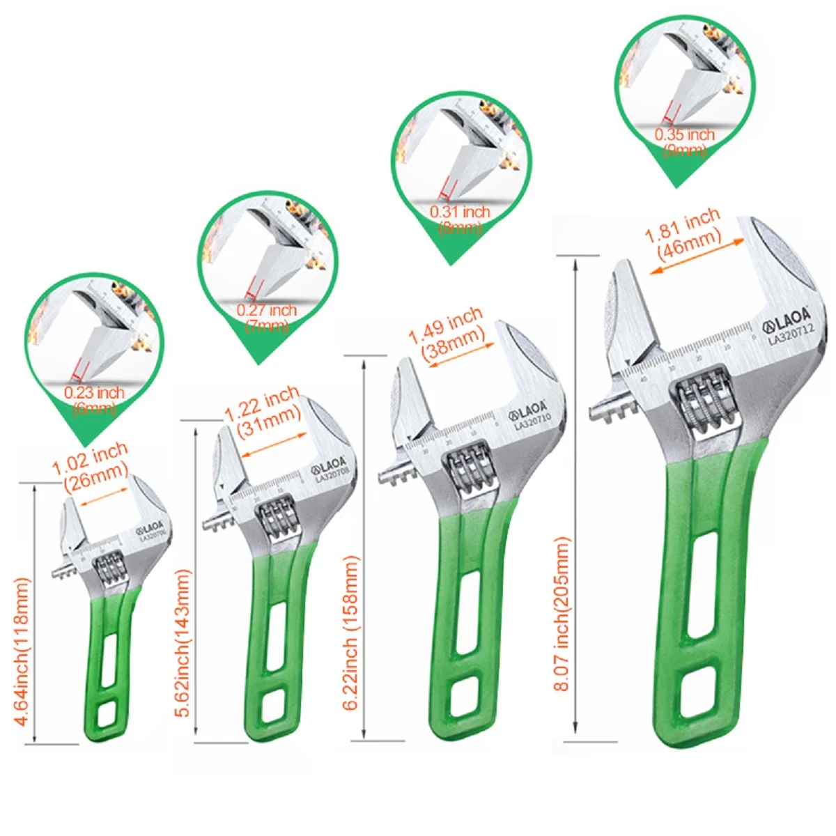 LAOA Light Short Monkey Wrench Set 6/8/10/12 Inch Adjustable Wrench Plumbing Tool Portable Spanner with Scale for Tight Spaces