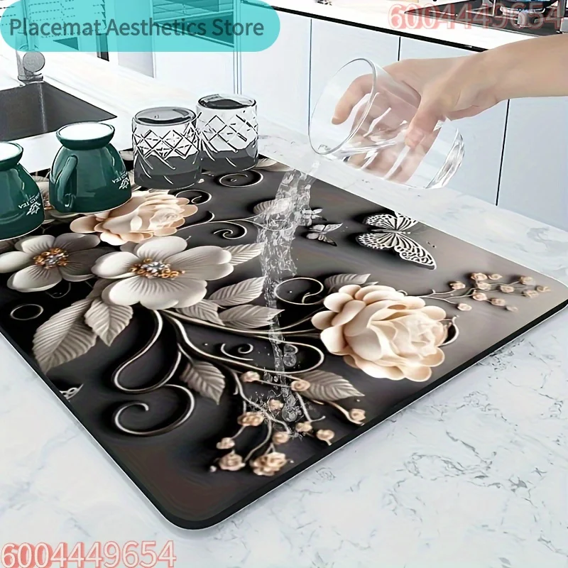 Luxury Floral Table Mat Absorbent Quick-Dry Kitchen Counter Mat Coffee Machine Anti-Slip Drainage Pad Kitchen Accessories