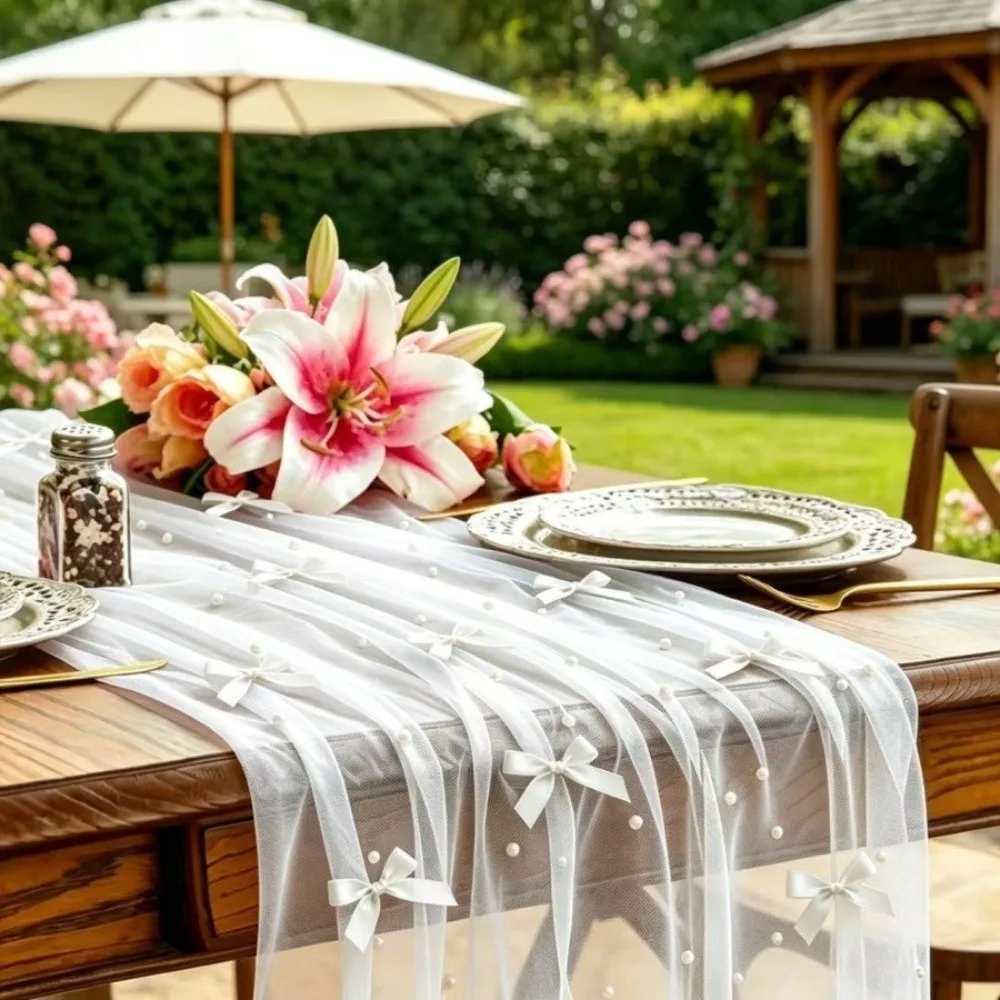 Romantic Bow Pearl Chiffon Runner Luxury Semi-Transparent Tulle Table Runner Polyester Decorative Wedding Table Runner