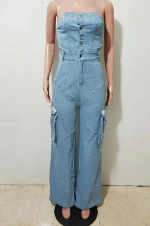 أزياء الصيف مثير فتاة نمط حمالة بذلة الدنيم المرأة العصرية زر حتى الجبهة عالية الخصر سليم صالح واسعة الساق بذلة #6