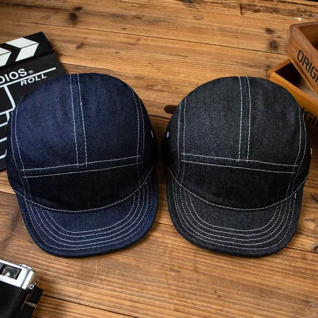 Black Denim Short-Brim Work Hat, Vintage Stitched Five-Panel Hat, American Street Worker Hat, Unisex Casual Flat-Top Baseball Cap