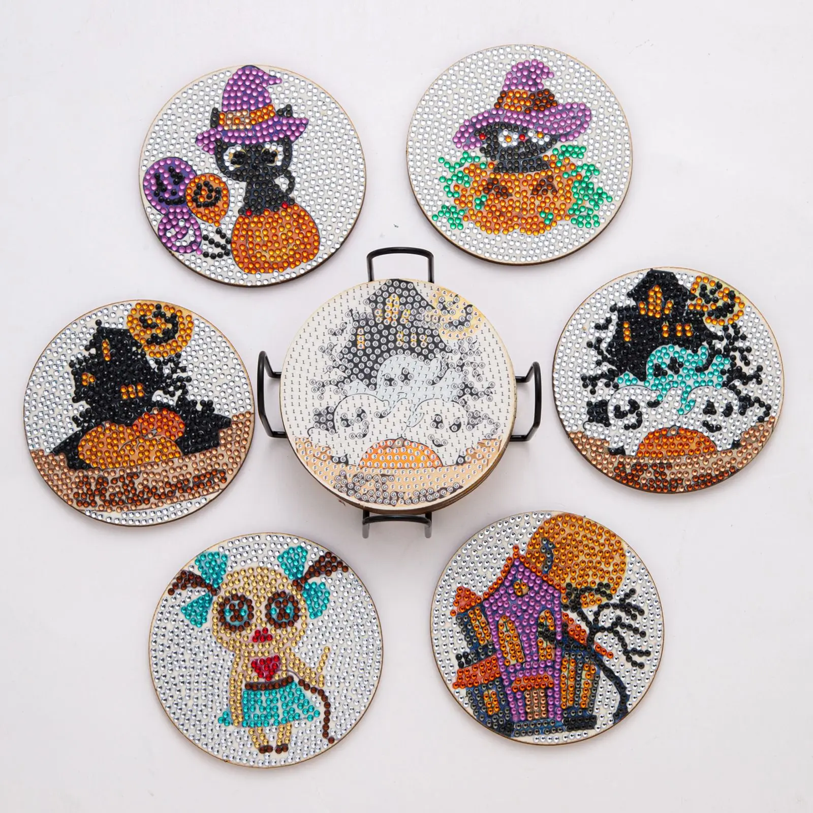 

6Pcs Hot Selling Halloween DIY Rhinestone Studded Coaster with Holder Slip Resistant CartoonOrnament Souvenirs Gift