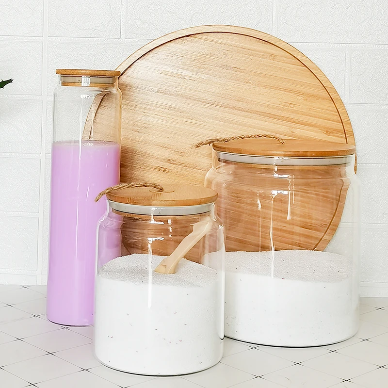 large size borosilicate glass storage jar bathroom laundry glass jar set with bamboo lid wood scoop tray