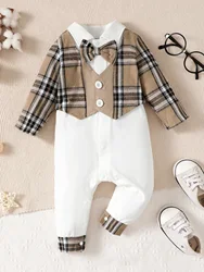 2Pcs Baby Boy Lapel Checkered Bodysuit+Hat Set fit 0-24 Months Male Baby Birthday Party Clothing Newborn Jumpsuit