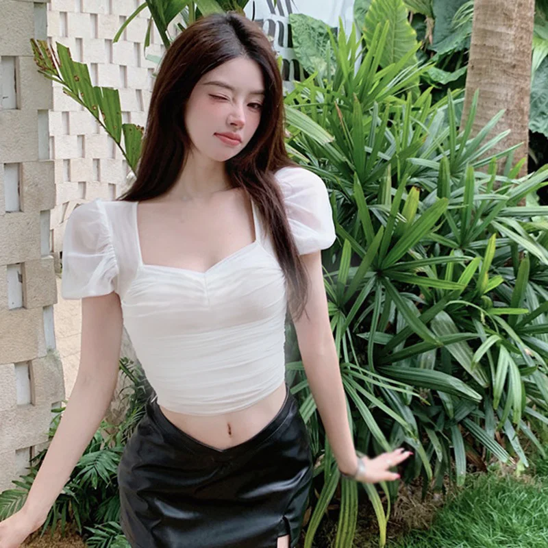 Damen hemden Mesh Puff ärmel plissiert süß einfarbig Slim Fit lässig Frühling Sommer vielseitige Top koreanische Hemden