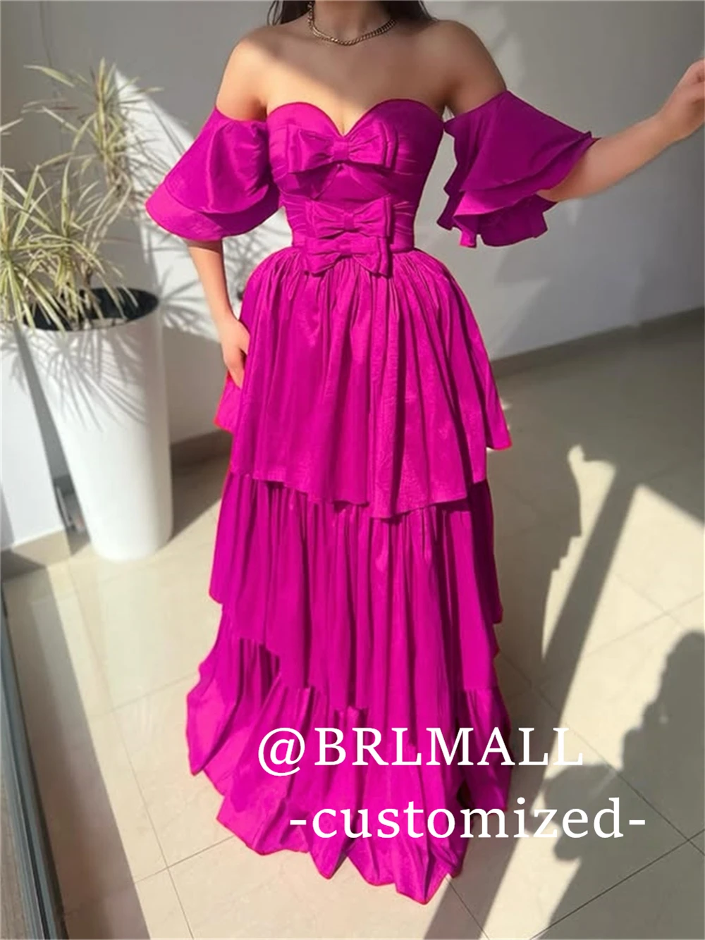 

BRLMALL Sweet Bow Long Evening Dress for Women - Off Shoulder Flare Sleeves - Tiered Long Party Prom Dresses - Casual Dresses