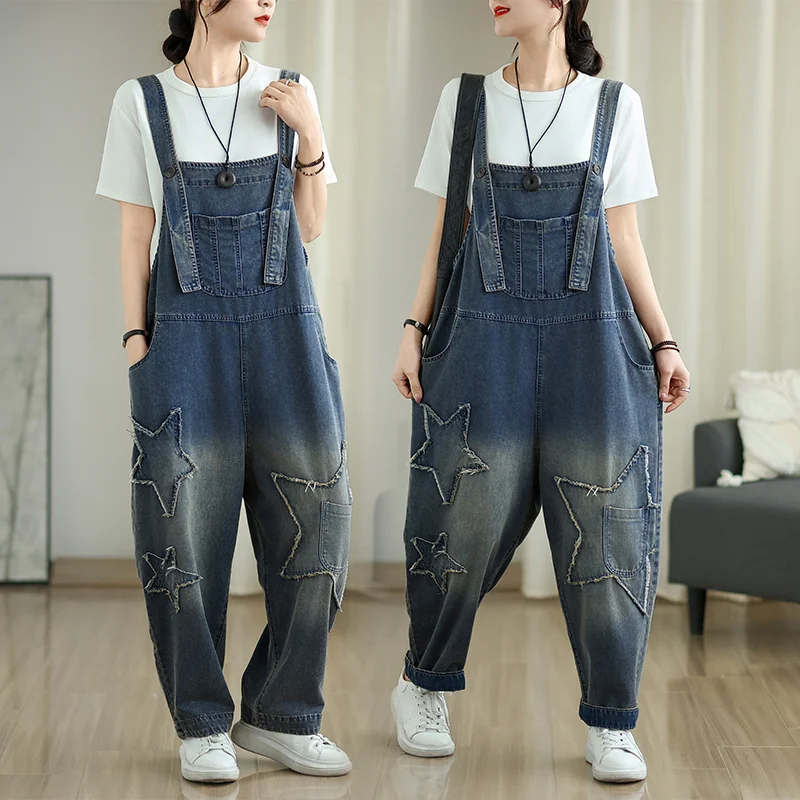 

European Style Star Patch Washed Denim Jumpsuit Women's Large Size Loose Pocket Overalls Women Spring Autumn Casual Harem Pants