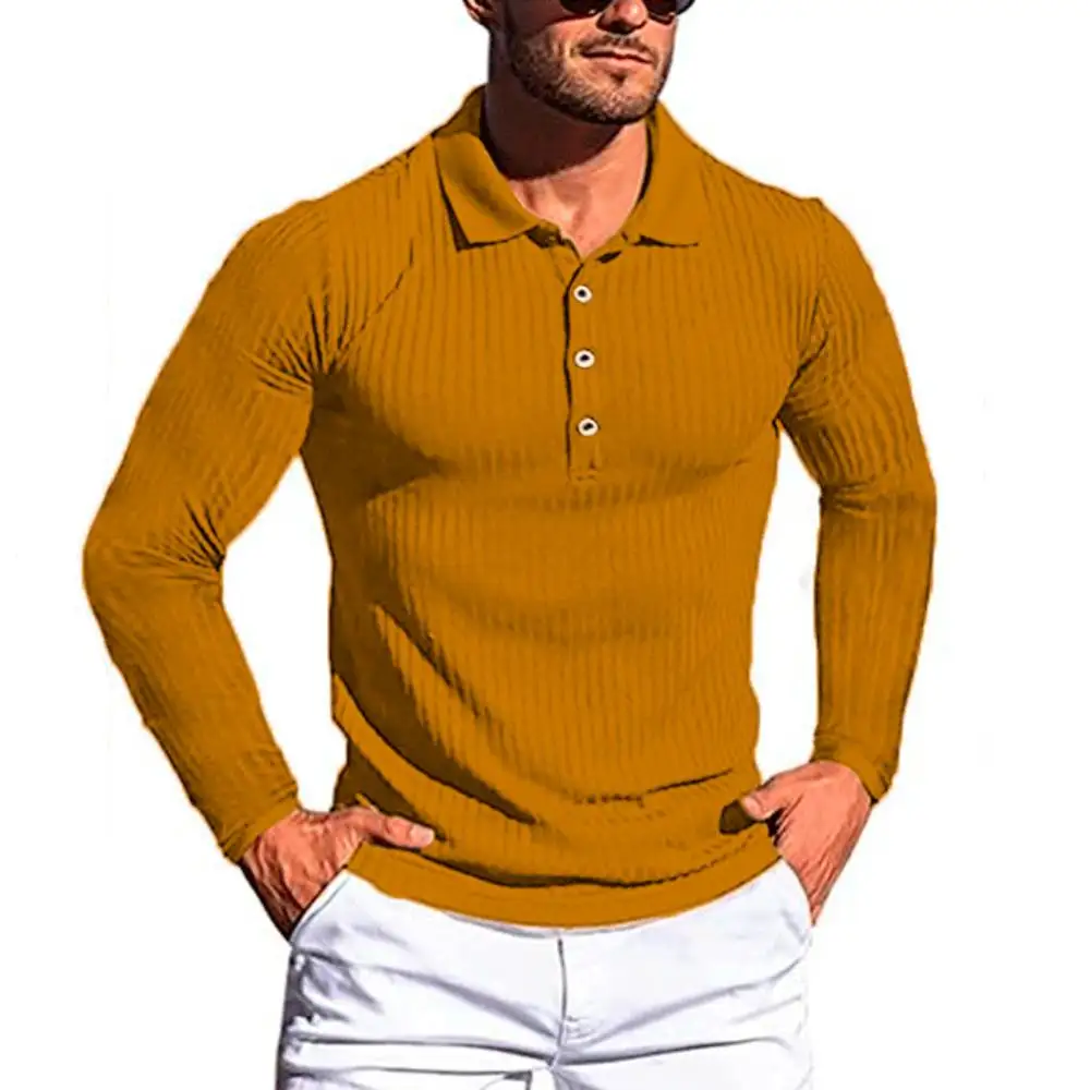 

Fashionable POLO Shirts Men's Slim Long-Sleeve Tshirt Knitted Pullover Button Lapel Ribbed Jersey High Stretch Stripe POLOS