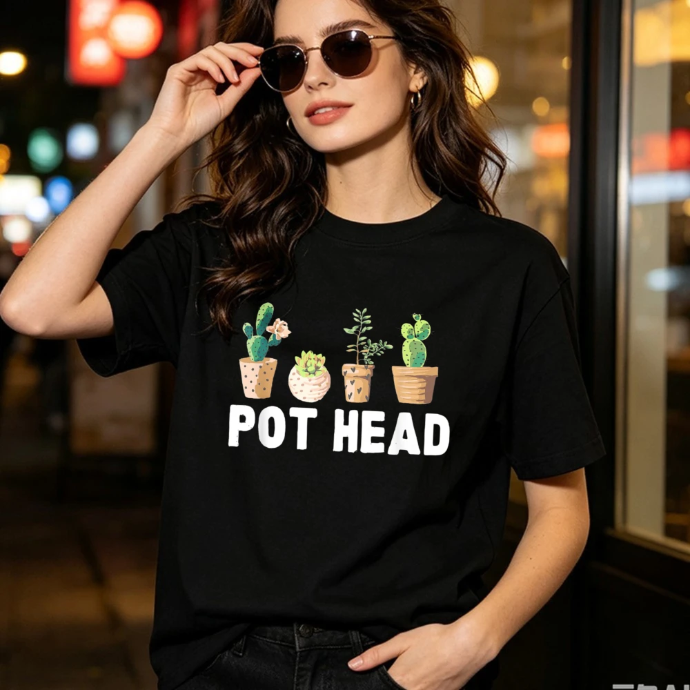 Funny Pot Head Gardener Succulent T-Shirt Pot Head Funny Pun Unisex Tees Plant Lover Streetwear Tops Botanical Women Cotton Tee
