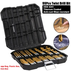 99Pcs HSS 4241 Twist Drill Bit Set Anti-rust Wear Protection Round Shank Titanium Drill Bits Drilling Hole Tools for Metal, Wood