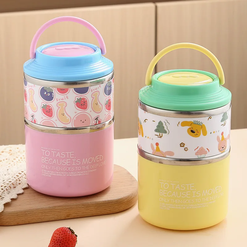 Thermos Bento Box Cartoon Muster Doppelschicht Edelstahl Lunchbox Büroangestellte Studenten Tragbare Thermoskanne Lebensmittelbehälter