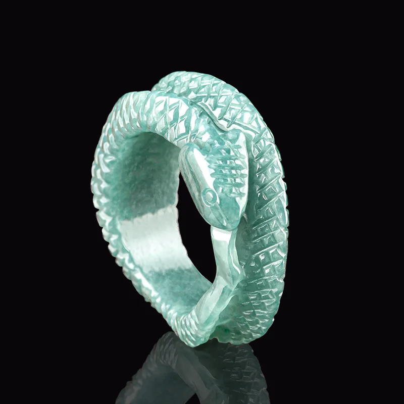 Natural Myanmar Jadeite Cobra Ring Men Women Healing Gemstone Fine Jewelry Genuine Grade A Burma Blue Water Jade Snake Rings