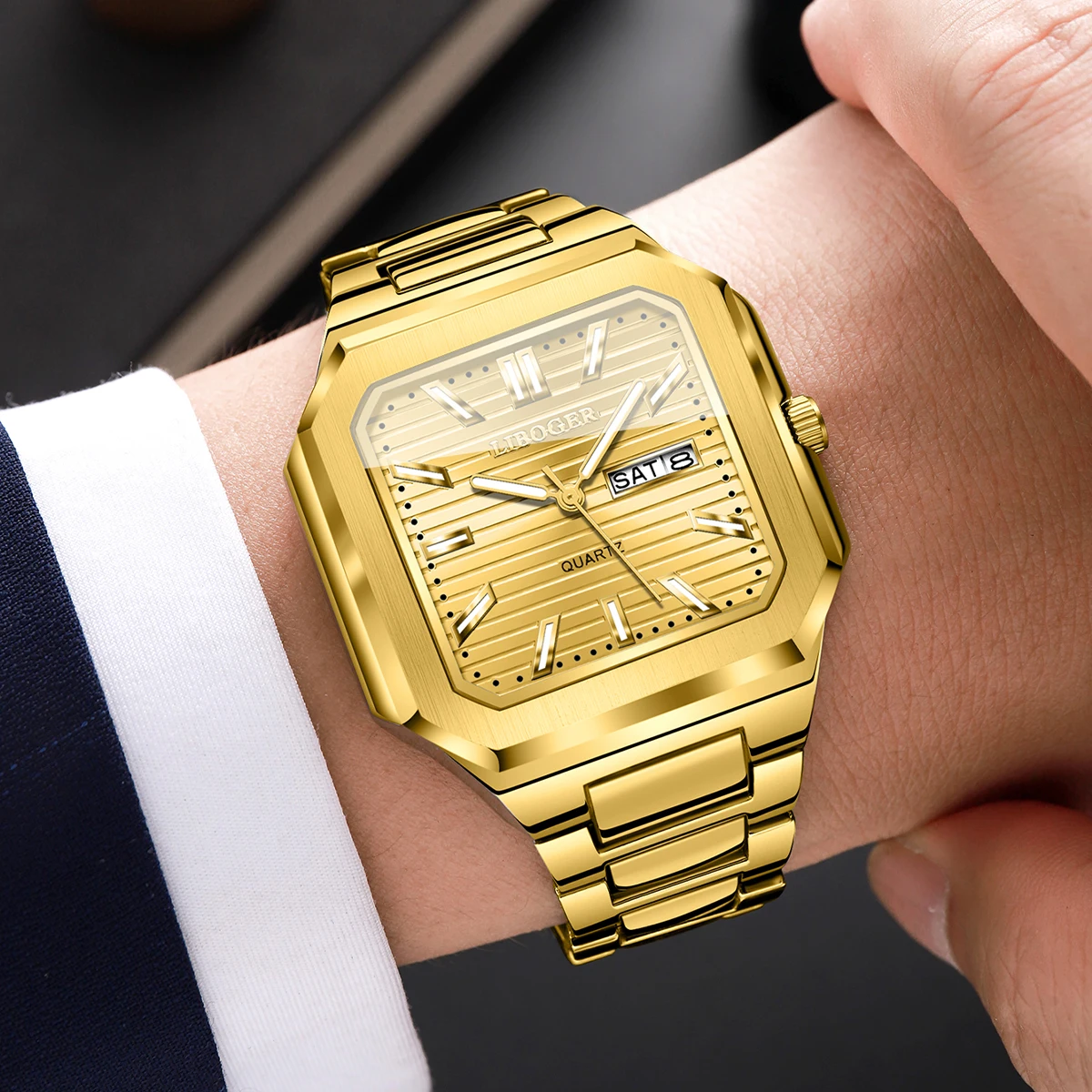 Fashion Square Men Business Watches Gold Steel Strap Casual Daily Calendar Quartz Wristwatch Relogio Masculino（Without Box）