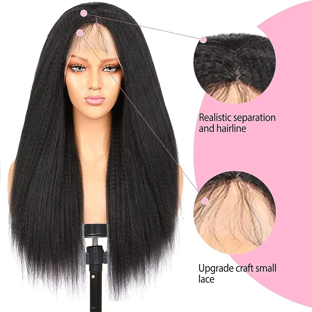 Fashion Yaki Straight Lace Front Wigs 13x1 T Part Synthetic Wig For Women Middle Part Black Transparent Lace Wig Daily Use