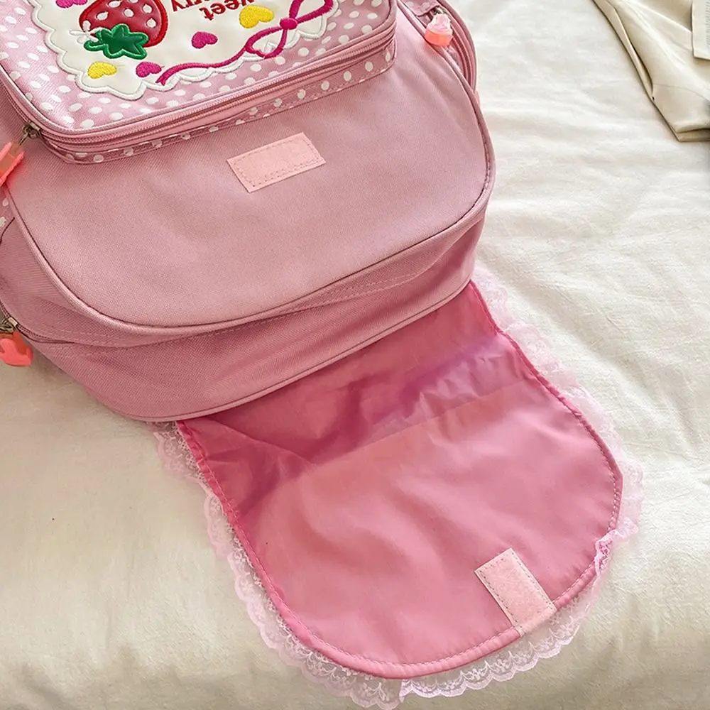 Bordado morango saco de escola multi-bolso pontos menina mochila kawaii grande capacidade estudante saco de viagem