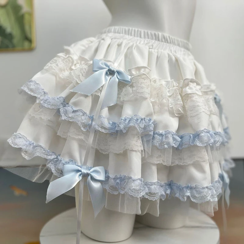 MEXZT Kawaii Bow Mini Skirt Women Japanese Lolita Ruffles Lace Ball Gown Skirts Summer Fashion Cutecore High Waist A Line Faldas