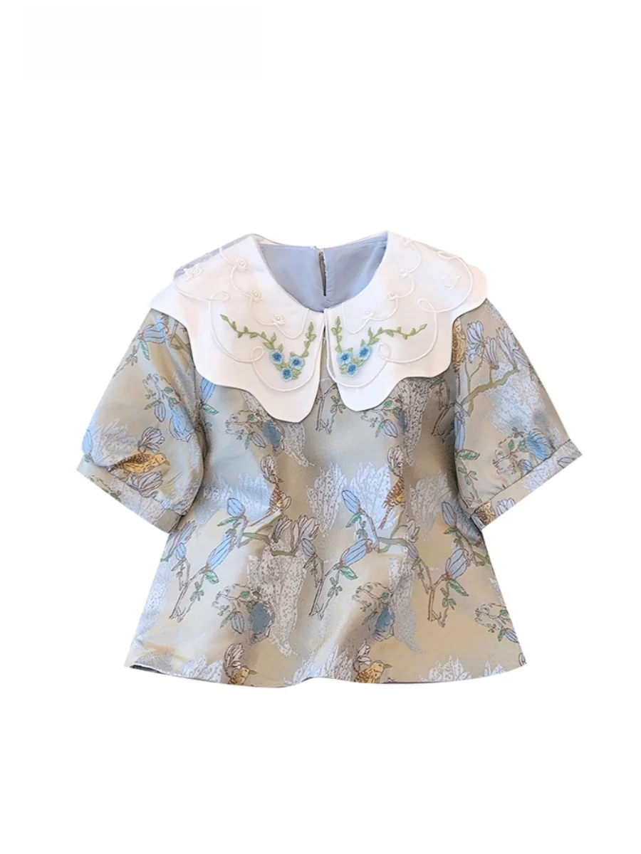 

Cara CLUB Large Size Chinese Style Doll Collar Shirt Women Summer Slimming Patchwork Design Sense Top Sweet Style Loose Fit