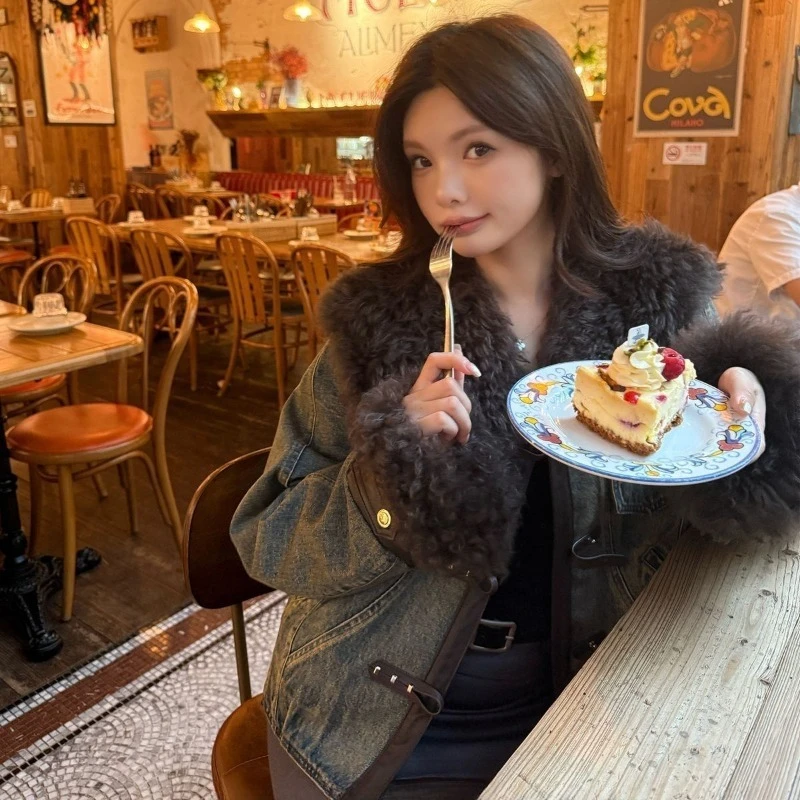 المألوف النمط الأجنبي قصيرة البحرية طوق الراقية معطف المرأة مزاجه الحد من العمر الشتاء الدنيم الرجعية الدافئة أسفل سترة #5