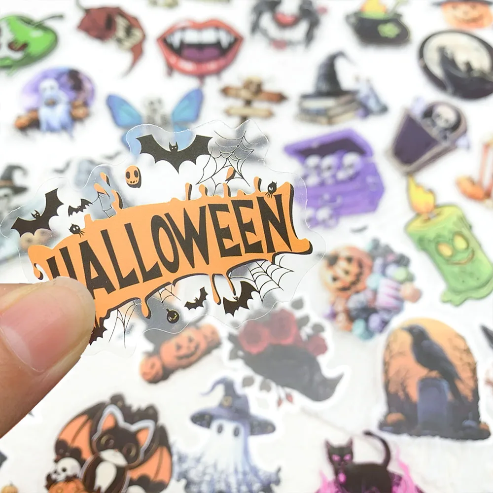 50pcs Cartoon Halloween Pumpkin Ghost PET Stickers Decals For Phone Refrigerator Guitar Wall DIY Graffiti Aesthetic Stickers