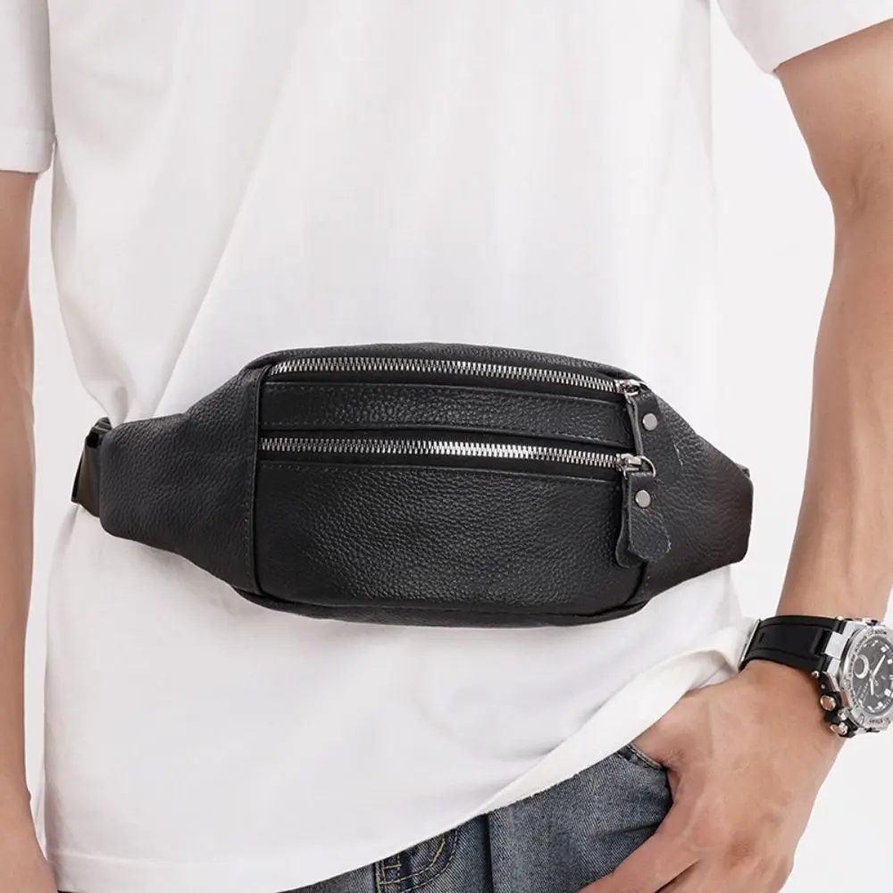 Fashion PU Leather Men's Waist Bag Multi-layered Waterproof Travel Phone Bag Zipper Large Capacity Waist Purse Pack