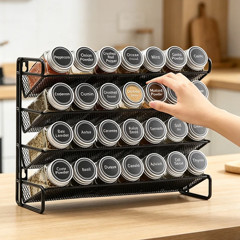 4 Tier Kitchen Spice Rack Cupboard Storage Shelf Carbon Steel Spice Seasoning Jar Organizer Wall Mount Non-Slip Pantry Organizer
