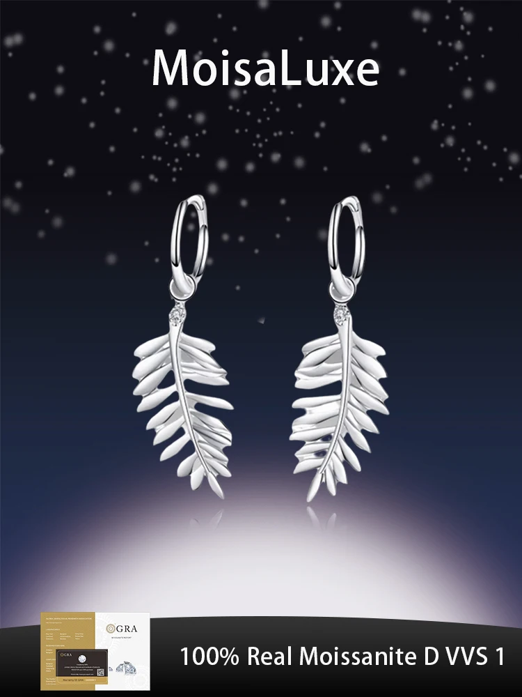 

MoisaLuxe Official Shop GRA Moissanite Plata Sterling Silver 925 Jewelry Leaf Micro-moissanite Earring for Women Hoop Wear