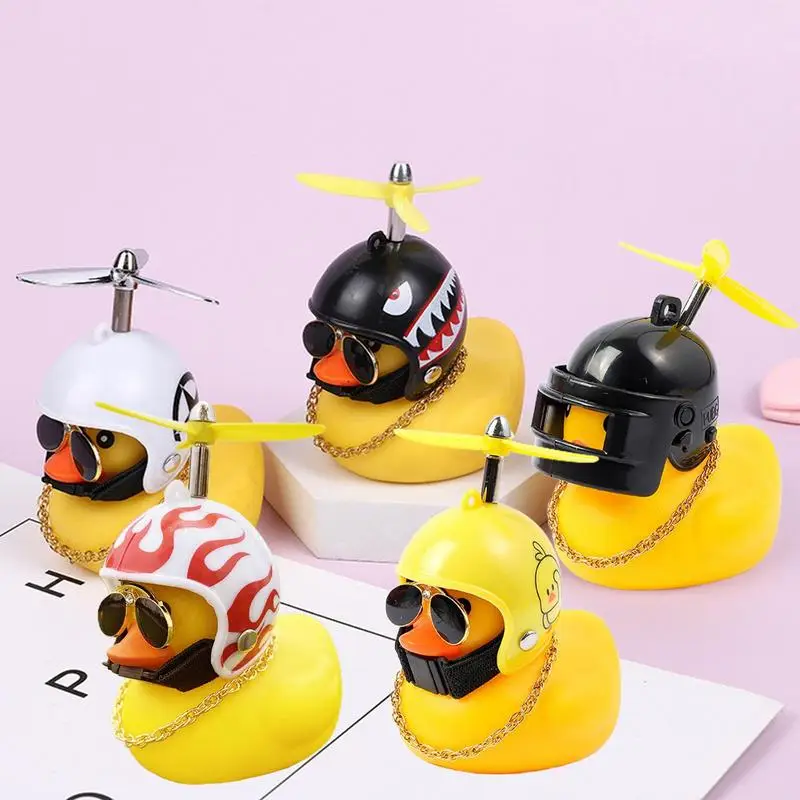 Bike Duck With Helmet Rubber Yellow Duck Shape With Propeller Luminous Bicycle Motorcycle Automobile Ornament Accessories