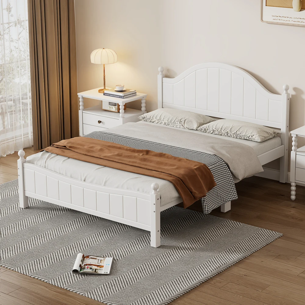 Traditional Concise Style White Solid Wood Platform Bed, No Need Box Spring, Queen bed frame  bedroom set