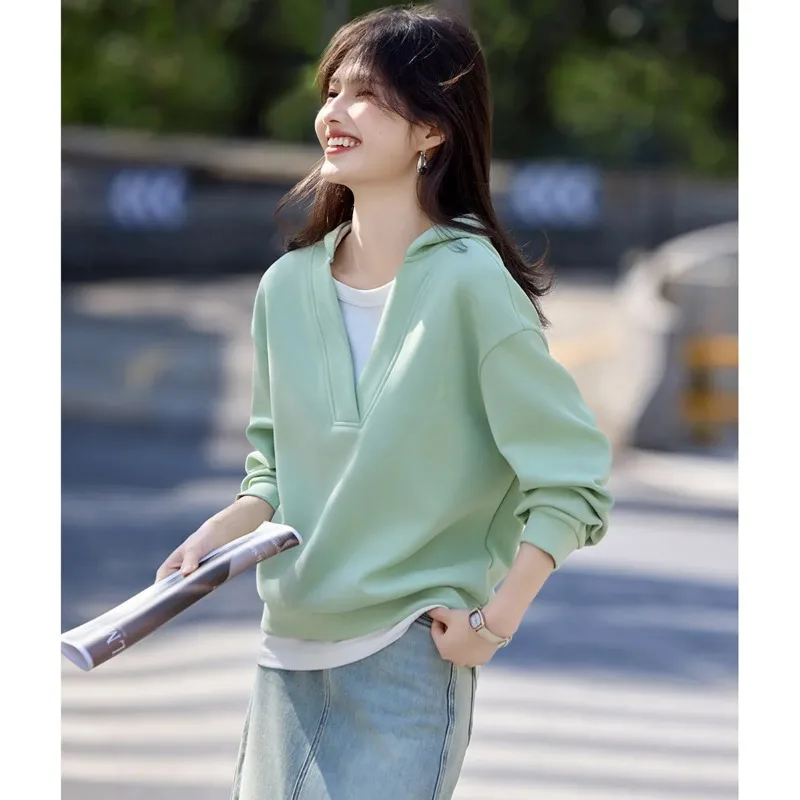 

Женская толстовка с V-образным вырезом и капюшоном, имитирующая двухслойный дизайн, повседневный топ из смесового хлопка