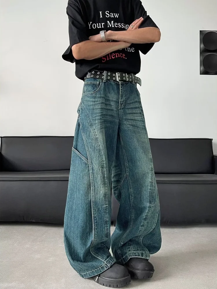 2025 Trashy Y2K Mode gewaschen blau gespleißt Baggy neue Jeans Hosen für Männer 90er Jahre Vintage Kleidung weites Bein gerade Denim Hose – Detail 8