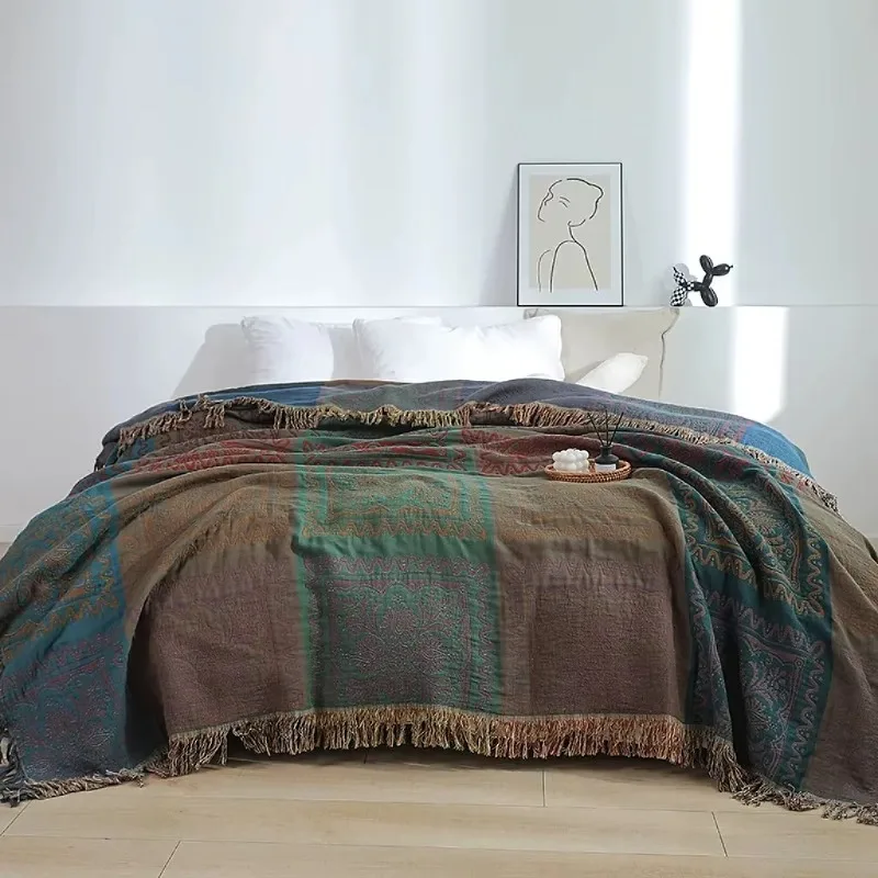 

Bohemian Jacquard Tassel Multi-functional Throw Blanket Vintage Ethnic Pattern Fringe Bed Blanket Wall Hanging Decor for Home