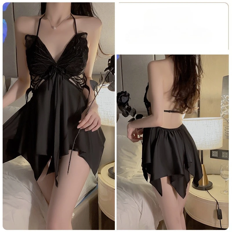 

Women's Sleepwear with Satin Open Collar Tied with Bow and Chest Cushion Irregular Skirt Hem and Nightgown