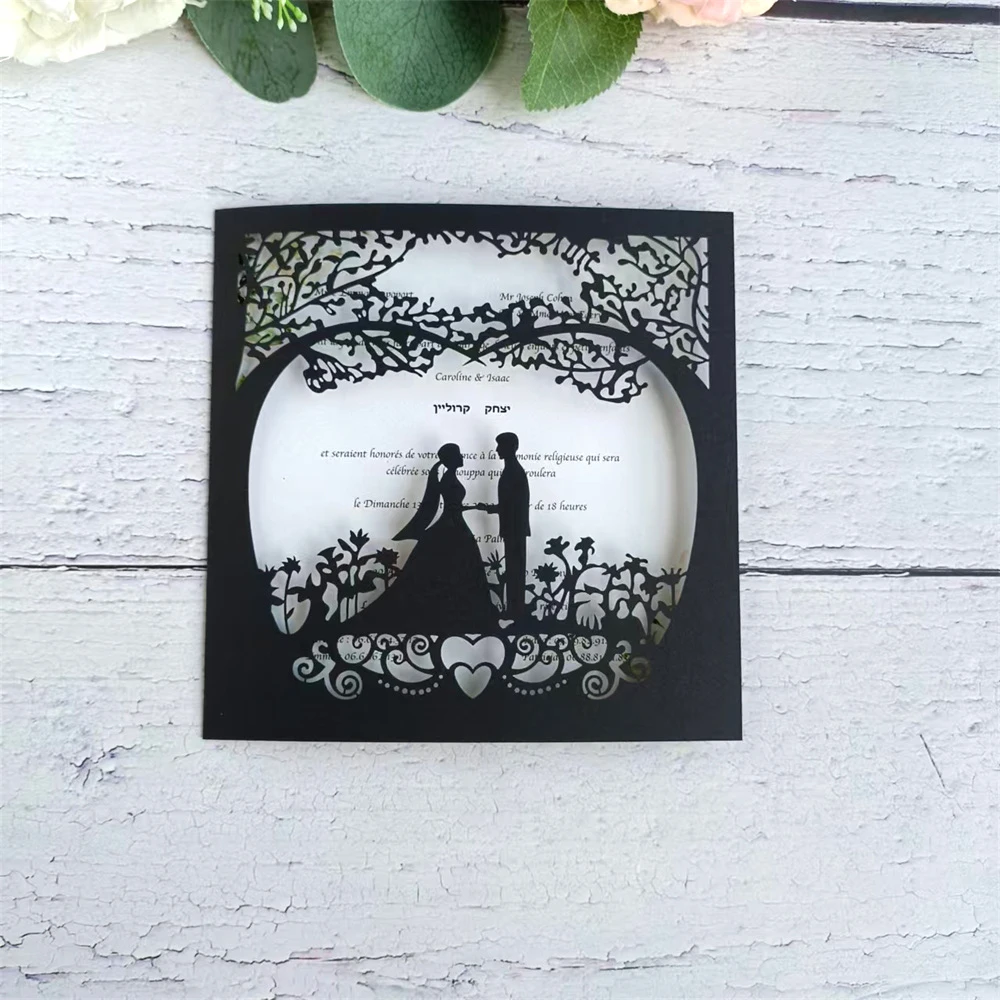 

Romantic Black Wedding Invitation Card Newlyweds Laser Cut Card Customized Printing 50 Sets