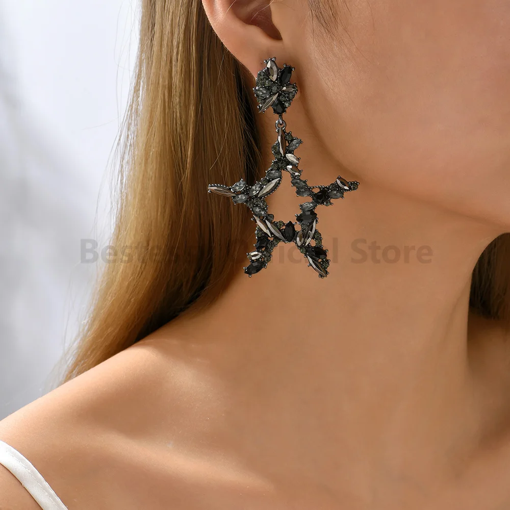 

Luxury Rhinestone Black Pentagram Decor Dangle Earrings For Women Original Star Party Wedding Exaggerated Jewelry Accessories