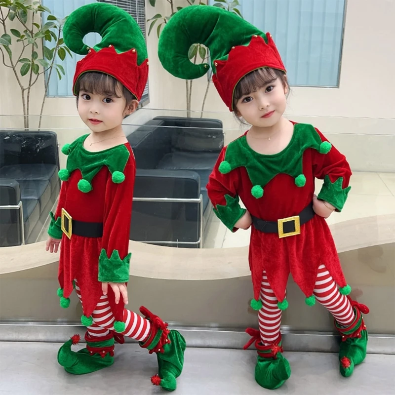 Kids Christmas Dwarf Costume Set Includes Dwarf Hat Shoe Covers Shirt Pants Christmas Elf Dress up Outfit for Boy Girl