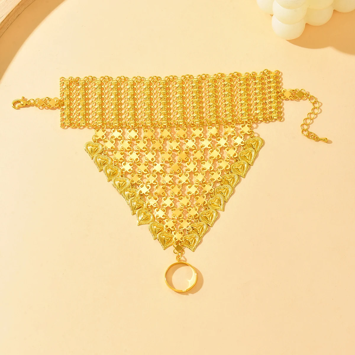 Bohemian Golden Hollow Out Heart Hand Chain Ethnic Tassel Bracelet For Travel Photoshoot Festival Dance Party