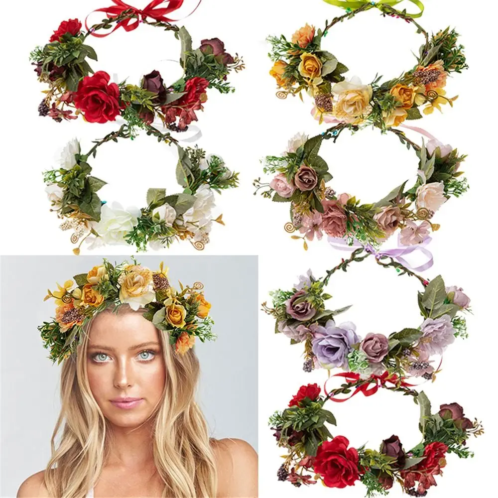 

Festival Wedding Flower Crown Spring Photo Props Rose Hair Wreath Headwear for Women Girls