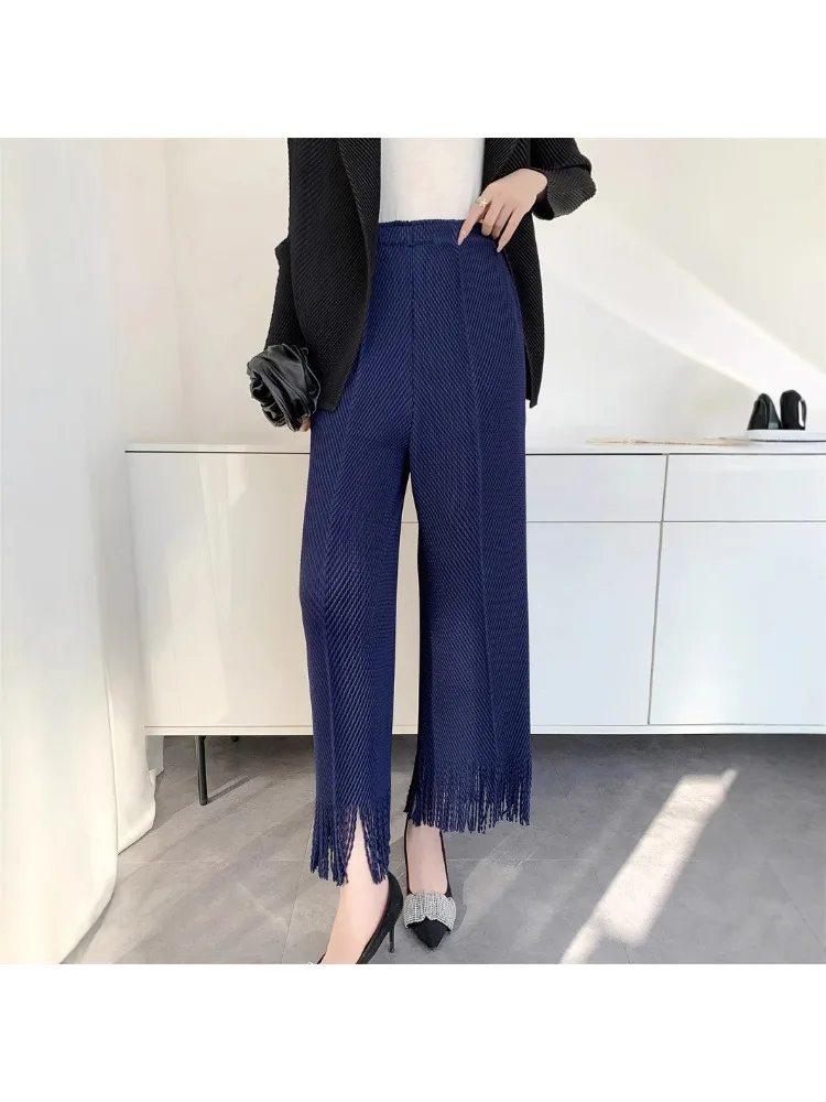 

Miyake Fold New Style Tassel Wide Leg Pants Spring and Autumn Fashion High Waist Loose Straight Leg Pants Women's Casual Pants
