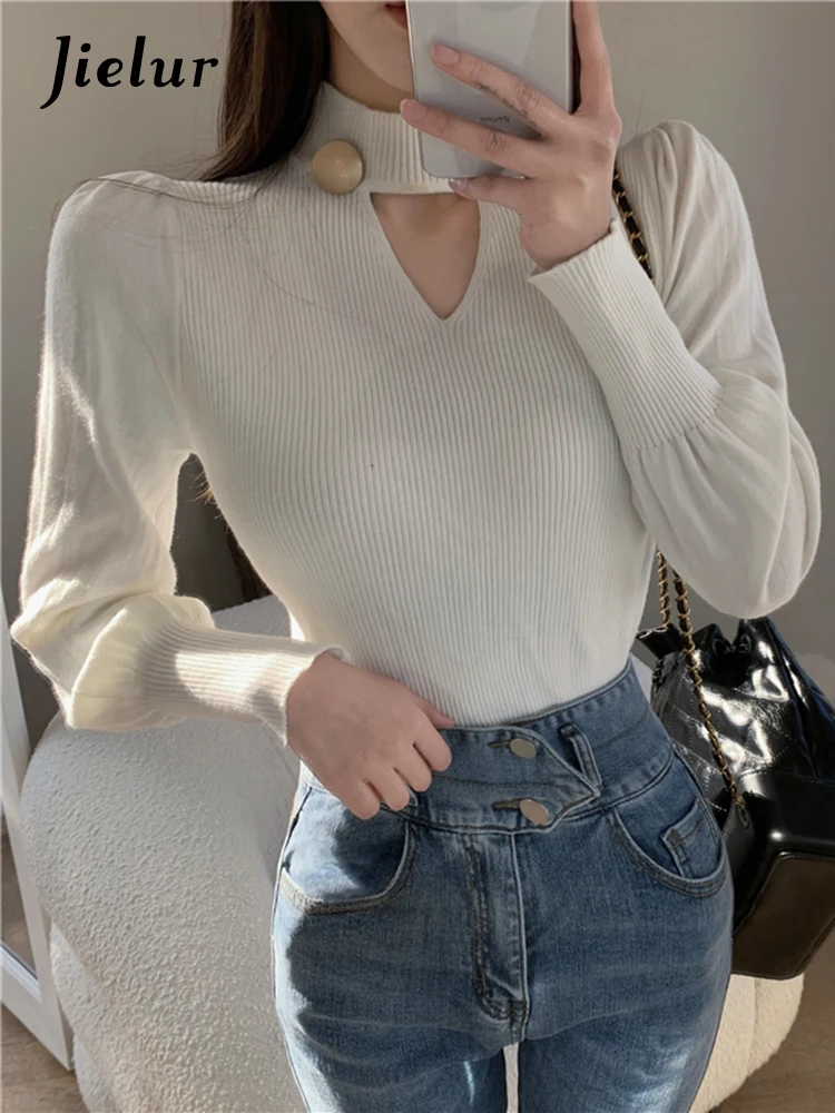 Jielur Autumn New Sweet Ladies Knitted Pullovers Woman Slim Casual Solid Color Women Pullovers Black White Street Chic Pullovers