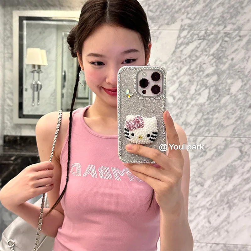 Kawaii Cartoon Sanrios Mobile Phone Case Applicable 15Promax Iphone16Pro Hello Kittys Full Diamond Three-Dimensional Girl Gift