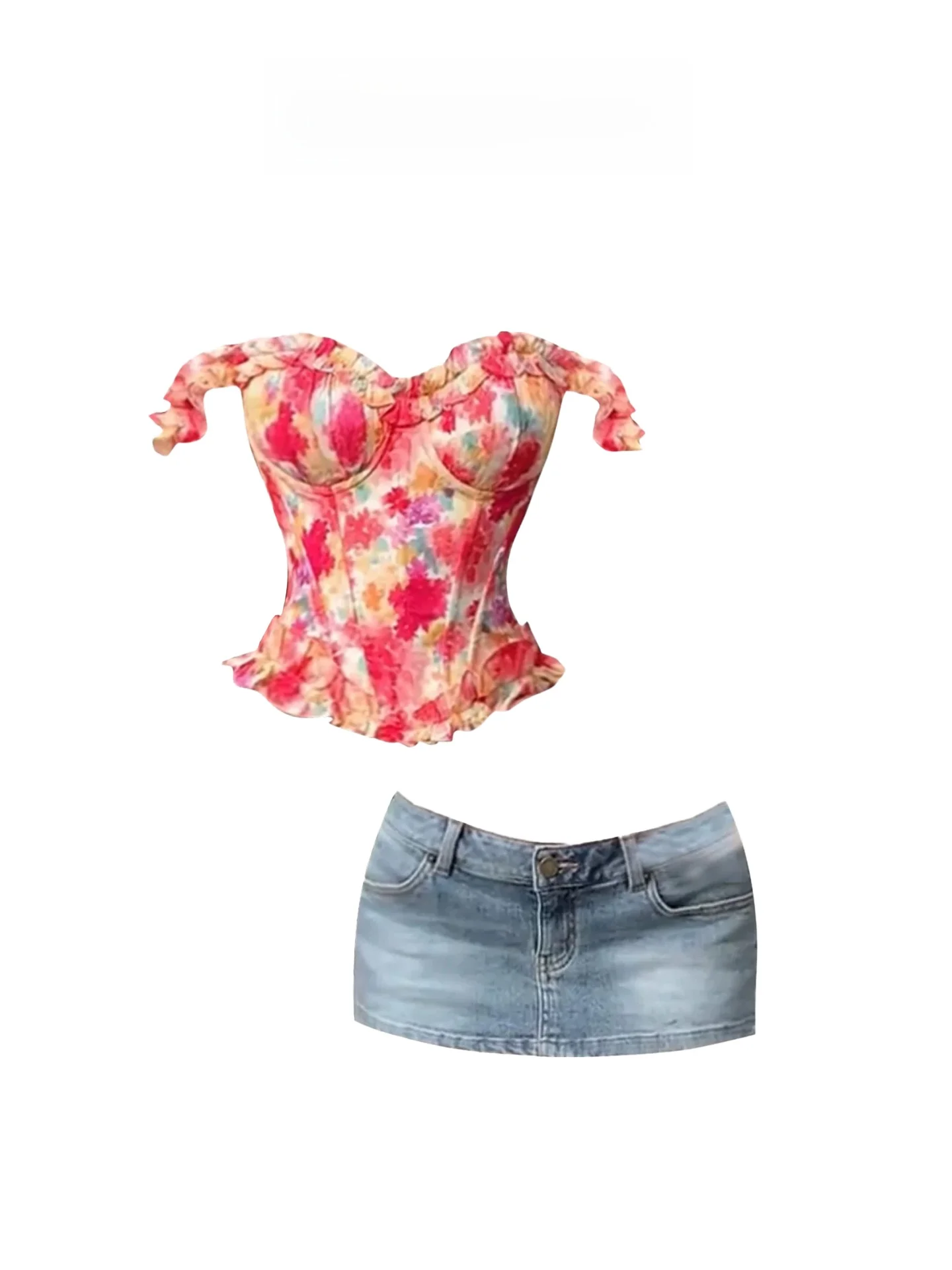 

HEZA плюс размер, цветочная картина маслом, топ на одно плечо и джинсовая юбка, женский летний повседневный облегающий наряд с высокой талией