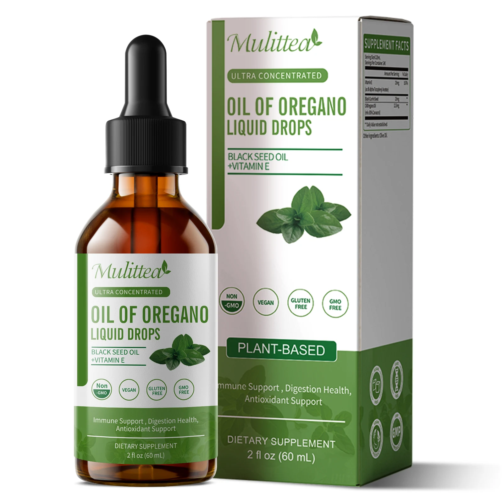 

Органическое масло орегано Mulittea с маслом черного тмина и витамином Е для поддержки иммунитета, детоксикации кишечника, антиоксидантное, веганское, 60 мл