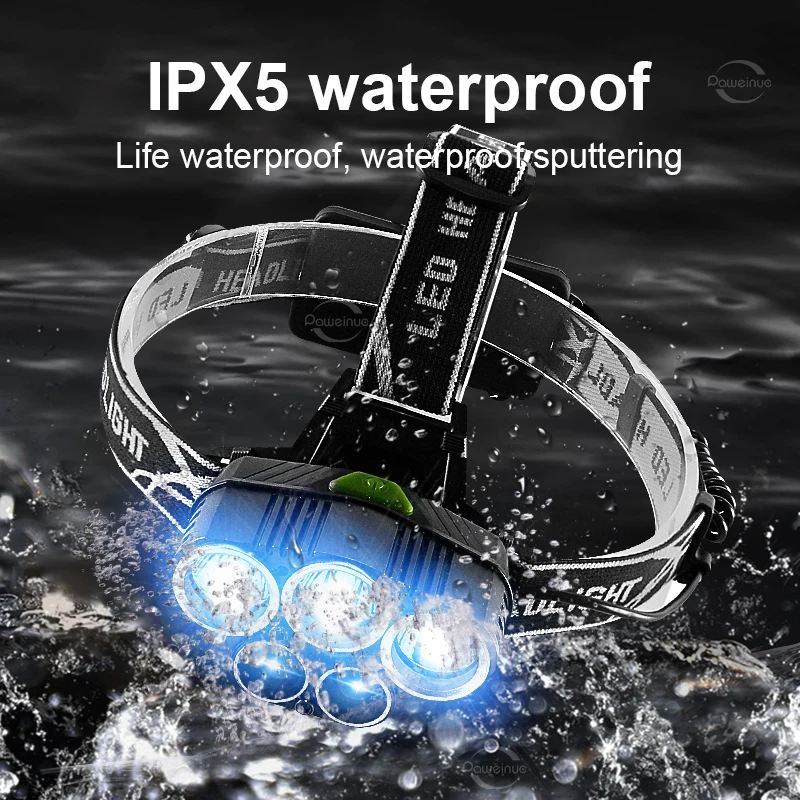 White+Blue Light Powerful Headlight With Warning Light Fishing Head Torch Rechargeable Lamp 5 Modes Outdoor Fishing Hunting Lamp
